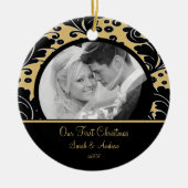 初めてのクリスマスオーナメントフォト金ゴールド&ブラックダマスク セラミックオーナメント (正面)