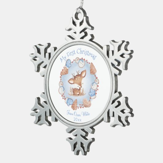 初めてのクリスマスオーナメント男の赤ちゃんブルーベージュ スノーフレークピューターオーナメント (右)