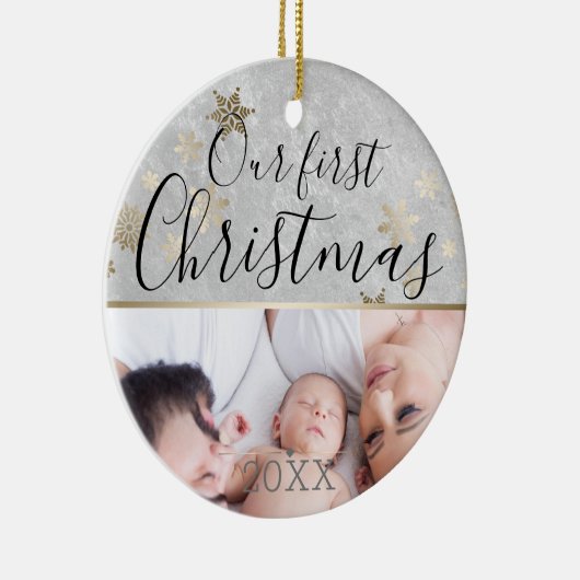 初めてのクリスマスカスタムフォトシルバーと金ゴールド セラミックオーナメント (右)