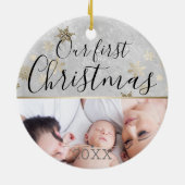 初めてのクリスマスカスタムフォトシルバーと金ゴールド セラミックオーナメント (裏面)