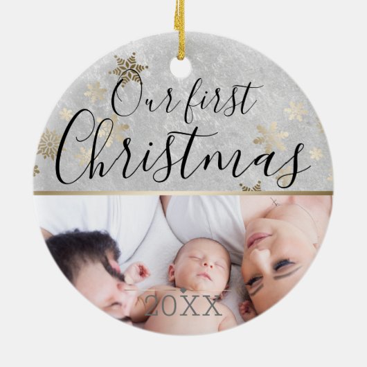 初めてのクリスマスカスタムフォトシルバーと金ゴールド セラミックオーナメント (裏面)