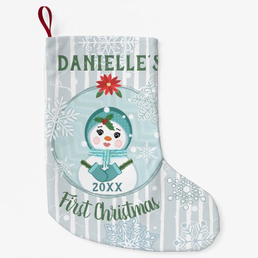 初めてのクリスマスカスタムベビーガール雪だるま スモールクリスマスストッキング (正面)