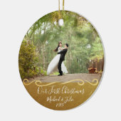 初めてのクリスマスカスタム金ゴールド対パーソナライズされた対 セラミックオーナメント (左)