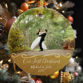 初めてのクリスマスカスタム金ゴールド対パーソナライズされた対 セラミックオーナメント