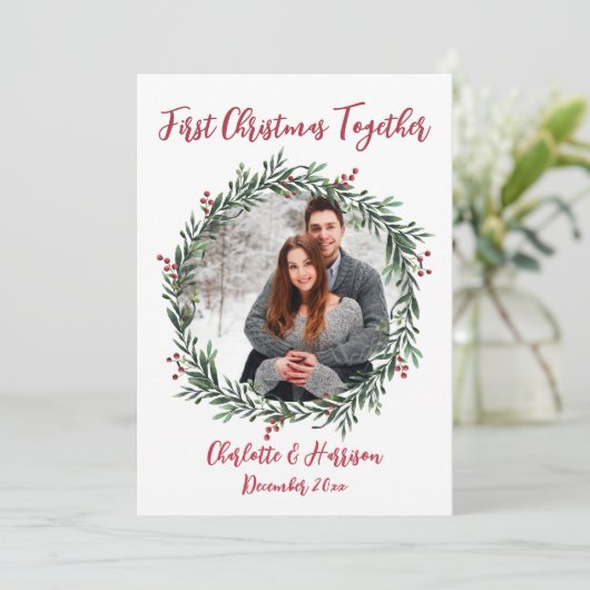 初めてのクリスマスカップルの写真カード 招待状 (スタンド正面)