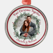 初めてのクリスマスカップルの写真 メタルオーナメント (正面)