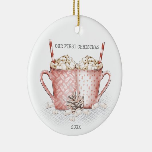 初めてのクリスマスカップル熱いココア セラミックオーナメント (右)