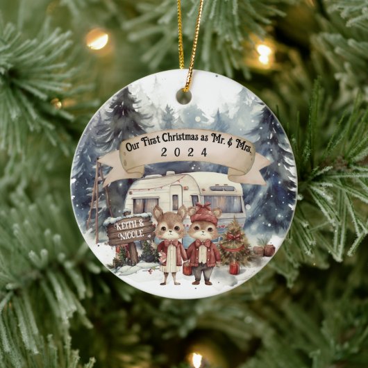 初めてのクリスマスカップルRVキャンプ新婚 セラミックオーナメント (ツリー)