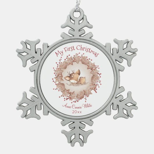 初めてのクリスマスカワイディアベビーガールオーナメント スノーフレークピューターオーナメント (正面)