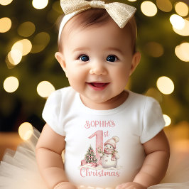 初めてのクリスマスガールピンクヴィンテージ雪だるま ベビーTシャツ