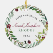 初めてのクリスマスグリーンホリデーリースベビー写真 セラミックオーナメント (裏面)