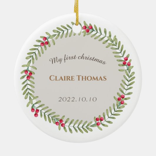 初めてのクリスマスグリーンホリデーリースベビー セラミックオーナメント (裏面)