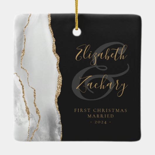 初めてのクリスマスグ結婚したレイ瑪瑙金ゴールドスクリプト セラミックオーナメント (裏面)