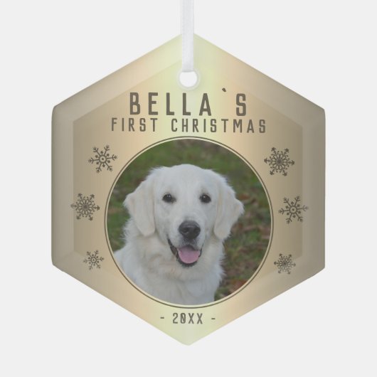 初めてのクリスマスゴールデンスノーフレーク犬の写真 ガラスオーナメント (正面)