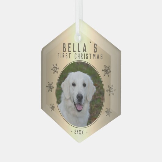 初めてのクリスマスゴールデンスノーフレーク犬の写真 ガラスオーナメント (正面左)