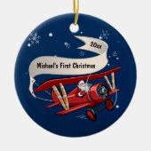初めてのクリスマスサンタ飛んでいるー空パーソナライズされた機 セラミックオーナメント (正面)