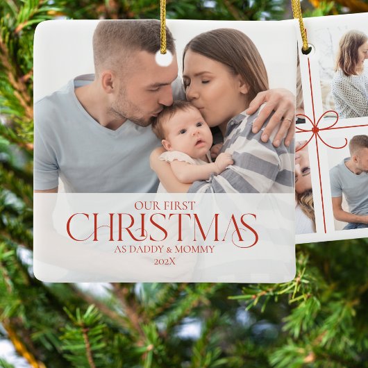 初めてのクリスマスシンプルの赤いリボン セラミックオーナメント