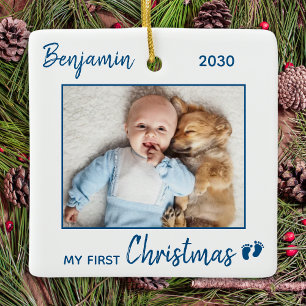 初めてのクリスマスシンプルミニマリストブルーベビー写真 セラミックオーナメント