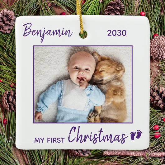 初めてのクリスマスシンプルミニマルかわいいベビー写真 セラミックオーナメント