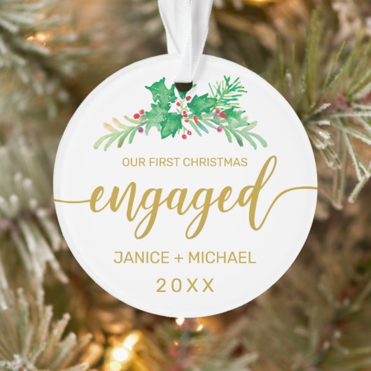 初めてのクリスマススウ婚約したォーターカラーホリー写真 オーナメント (ツリー)