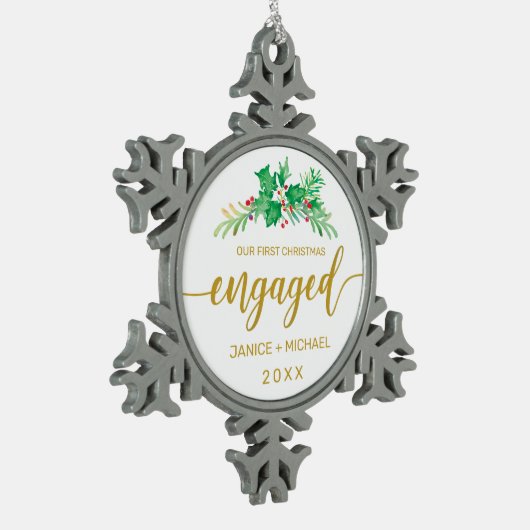 初めてのクリスマススウ婚約したォーターカラーホリー スノーフレークピューターオーナメント (左)