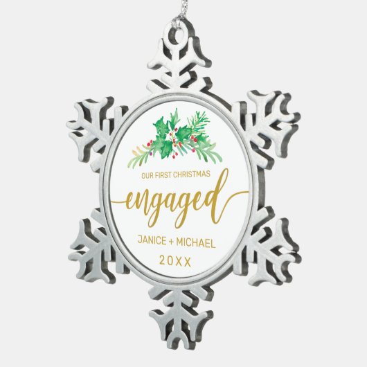 初めてのクリスマススウ婚約したォーターカラーホリー スノーフレークピューターオーナメント (右)