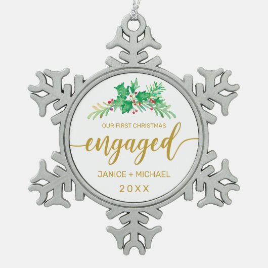 初めてのクリスマススウ婚約したォーターカラーホリー スノーフレークピューターオーナメント (正面)