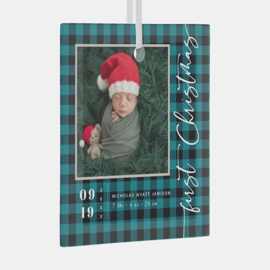 初めてのクリスマススクリプトベビー誕生の統計と写真 ガラスオーナメント (正面右)