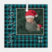 初めてのクリスマススクリプトベビー誕生の統計と写真 ガラスオーナメント (裏面)