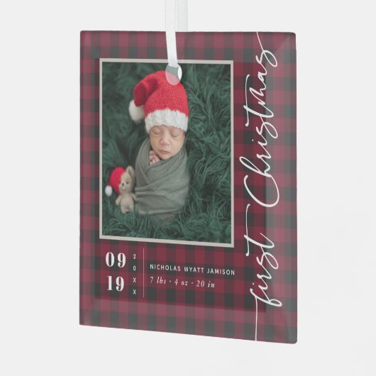 初めてのクリスマススクリプトベビー誕生の統計と写真 ガラスオーナメント (正面左)