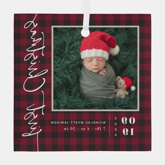 初めてのクリスマススクリプトベビー誕生の統計と写真 ガラスオーナメント (裏面)