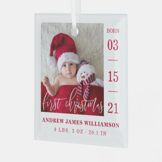 初めてのクリスマススクリプトベビー誕生の統計と写真 ガラスオーナメント (正面左)