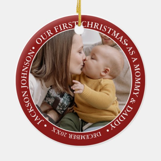 初めてのクリスマススクリプトベビー誕生の統計と写真 セラミックオーナメント (裏面)