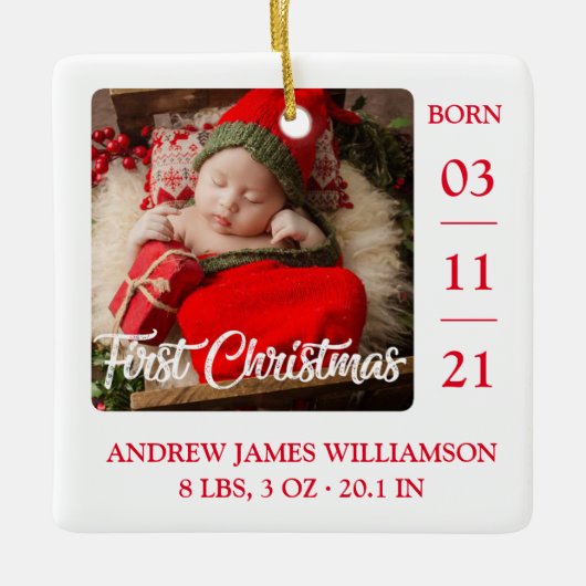 初めてのクリスマススクリプトベビー誕生統計と写真Ce セラミックオーナメント (正面)