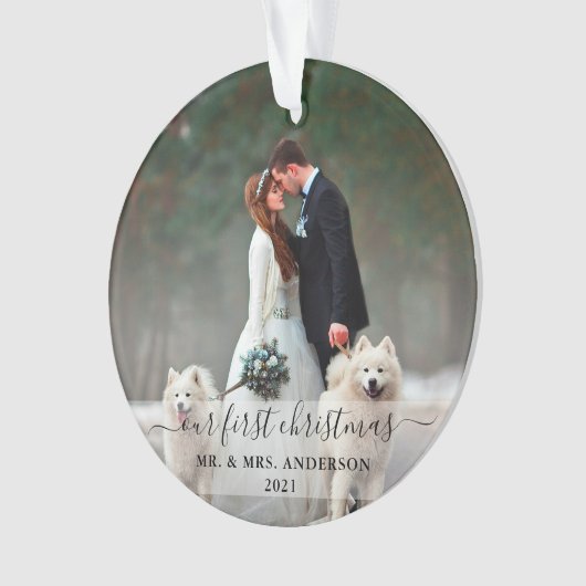 初めてのクリスマススタイリッシュの写真のスクリ結婚プト オーナメント (正面)