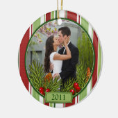 初めてのクリスマスストライプズBoughs写真 セラミックオーナメント (左)