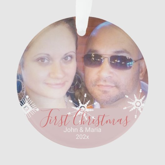初めてのクリスマススノーフレーク写真ピンク オーナメント (正面)