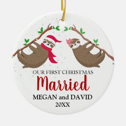 初めてのクリスマスス結婚したおもしろいロース セラミックオーナメント (正面)