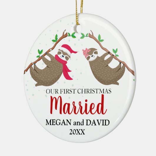 初めてのクリスマスス結婚したおもしろいロース セラミックオーナメント (左)