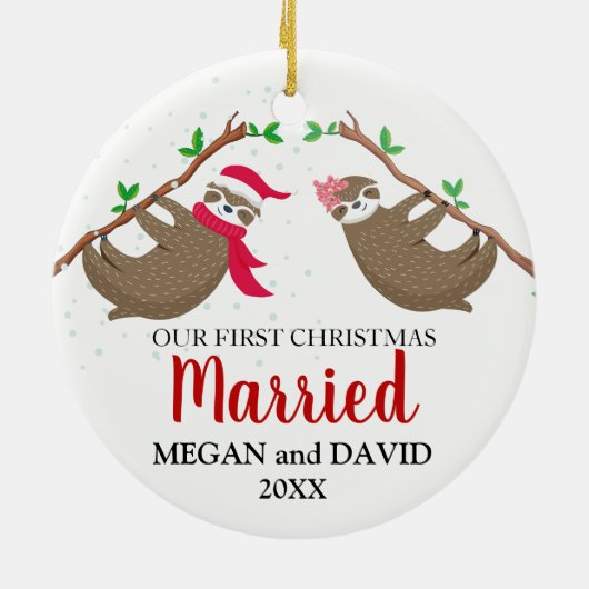 初めてのクリスマスス結婚したおもしろいロース セラミックオーナメント (裏面)