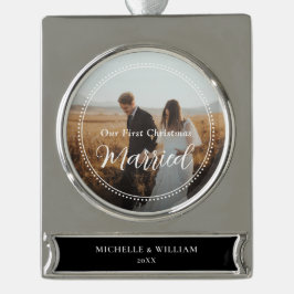 初めてのクリスマスス結婚したクリプトオーバーレイ写真 シルバープレートバナーオーナメント
