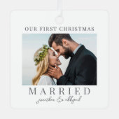 初めてのクリスマスス結婚したクリプト書道写真 メタルオーナメント (正面)