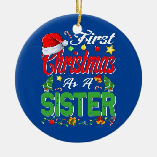 初めてのクリスマスズアシスターサンタハットパジャマクリスマス セラミックオーナメント (正面)