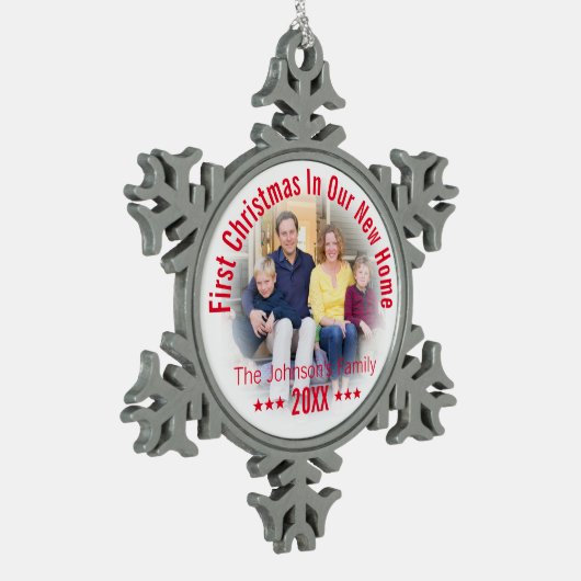 初めてのクリスマスズインウエアニューホーム|パーソナライズされた| スノーフレークピューターオーナメント (左)