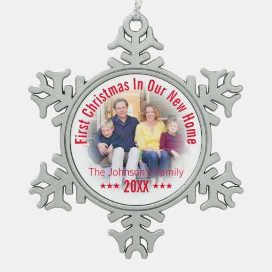 初めてのクリスマスズインウエアニューホーム|パーソナライズされた| スノーフレークピューターオーナメント (正面)