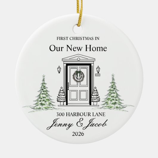 初めてのクリスマスズインザニューホーム2026 パーソナライズされた セラミックオーナメント (正面)