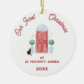 初めてのクリスマスズインニューホームキャットウォーターカラードア セラミックオーナメント (正面)