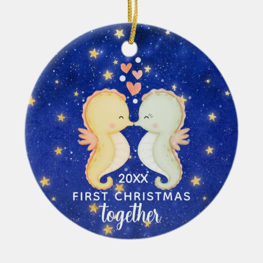 初めてのクリスマスズカスタムー一緒の乗馬カップル セラミックオーナメント (正面)