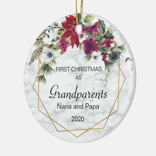 初めてのクリスマスズグランドパレンツポイントセティアパインフォト セラミックオーナメント (左)