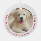 初めてのクリスマスズニューホームパピードッグ写真 ガラスオーナメント (正面)